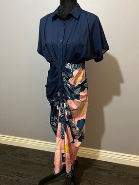 Navy Button-Front Dress with Pink Floral Print